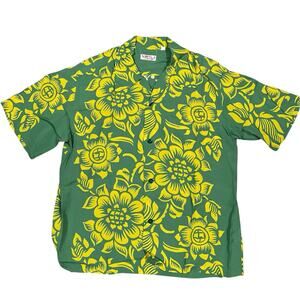 Sun Surf 100% Rayon Green Yellow Floral Aloha Hawaiian Shirt Japan Made Medium